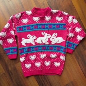 Kids Vintage ADELE Knitwear‎ Pink Bunny Heart Sweater Made in USA